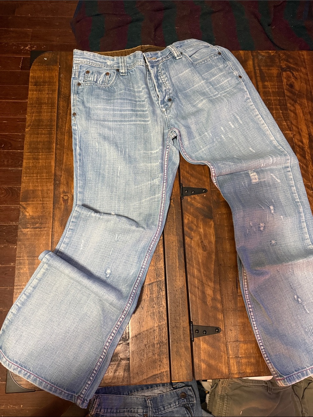 Distressed Light Washed Jeans- Button fly- wide leg- relaxed